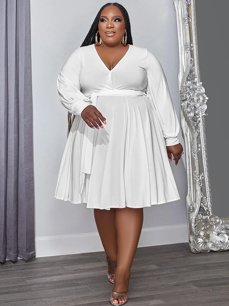 Plus Size Fit and Flare Dresses Women's Costumes Classic Deep V Neck Long Sleeve High Waisted Pleated Knee Length Robe