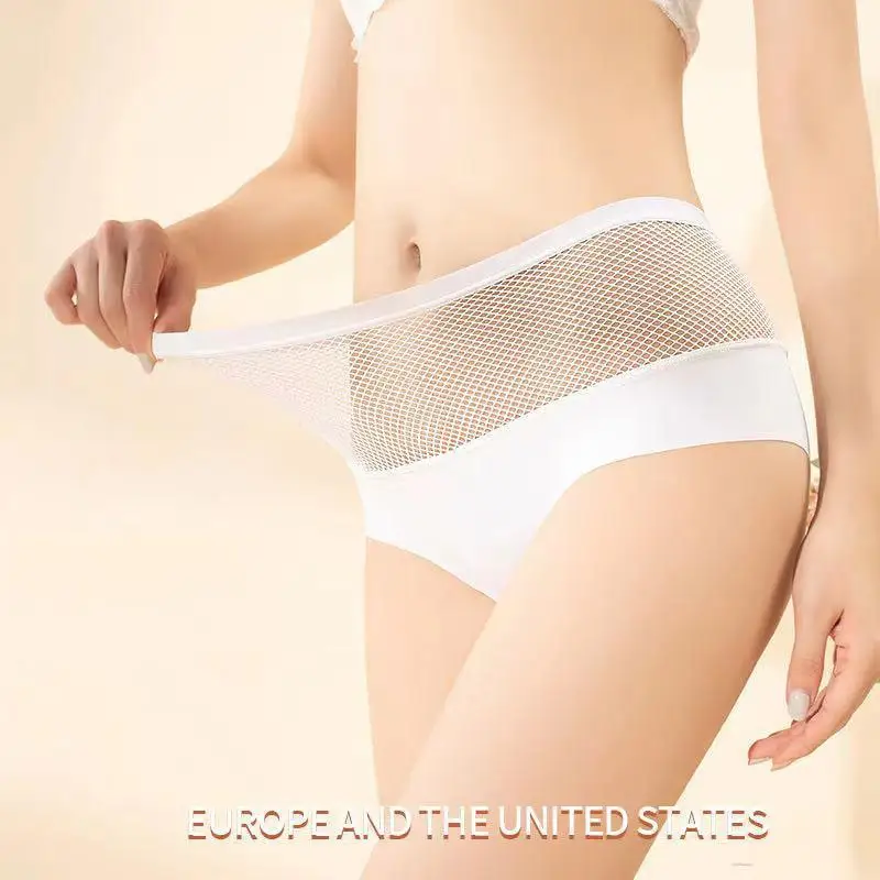 

Perspective Hollow Fishnet Panties Sexy Lingerie Ice Silk Seamless Pink Briefs For Women Intimate Pantys Underwear Plus Size