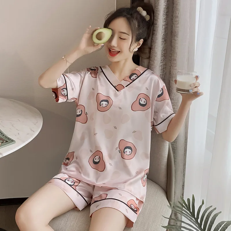 Women's Summer Thin Ice silk Short Sleeve Pajama, Korean Version of Sweet and Lovely Sleepwear, Cartoon Lounge Two-piece Suit