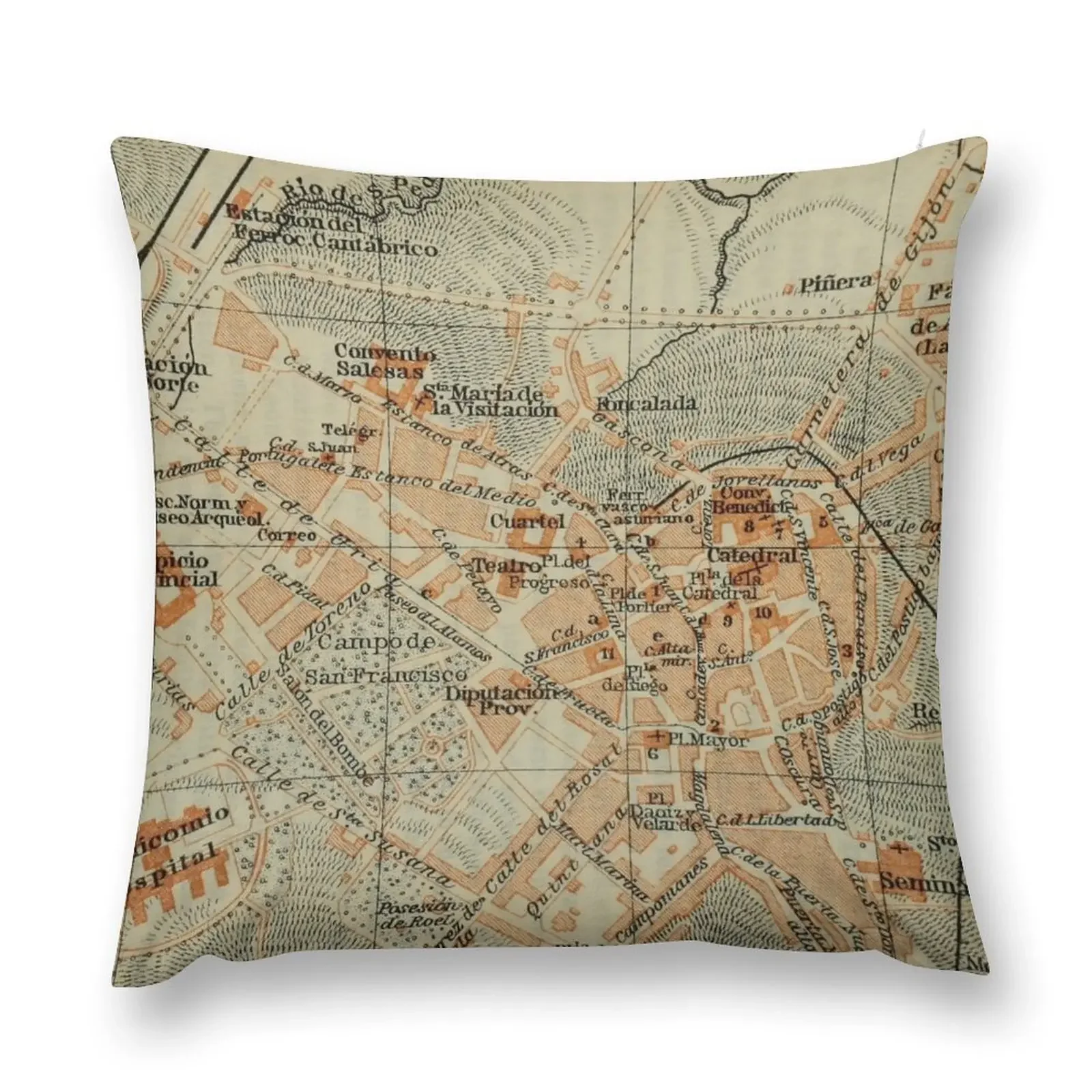 Винтажная карта Испаніи Oviedo (1913) Декоративная подушка Подушка Осеннее украшение