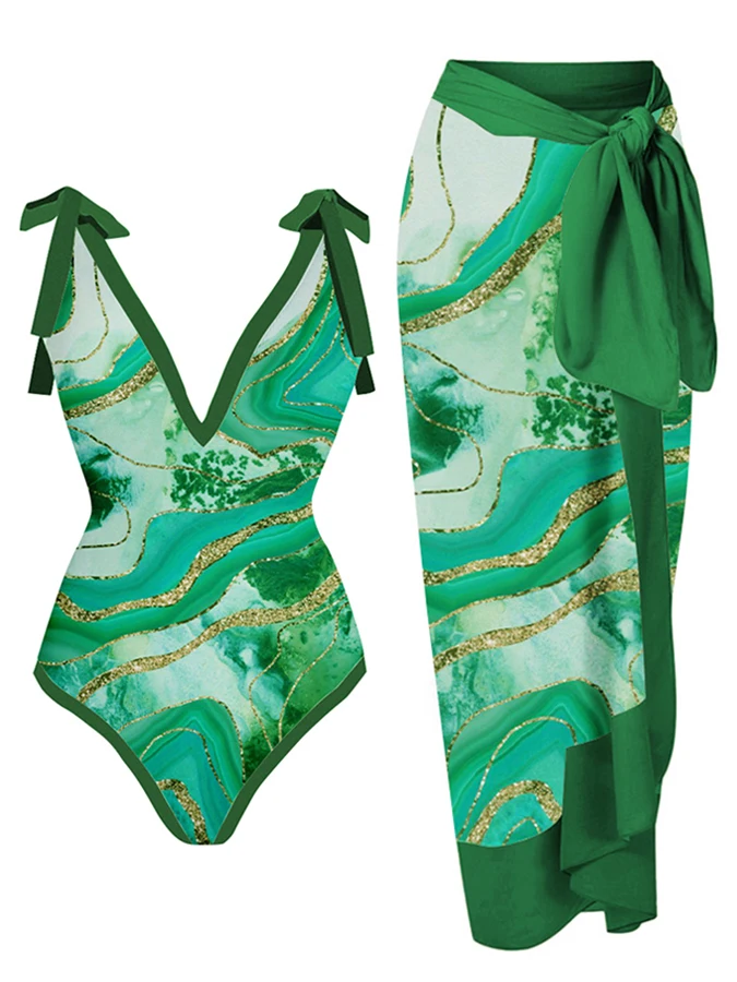

Vintage Print Colorblock Beach One-Piece Swimsuit