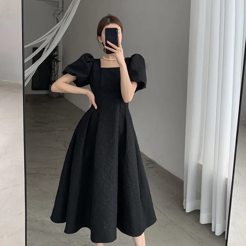 

Long Dress Women Party Puff Sleeve Dresses Summer Elegent Square Collar Sexy Dresses A-line Korean High Waist Goddess Dress