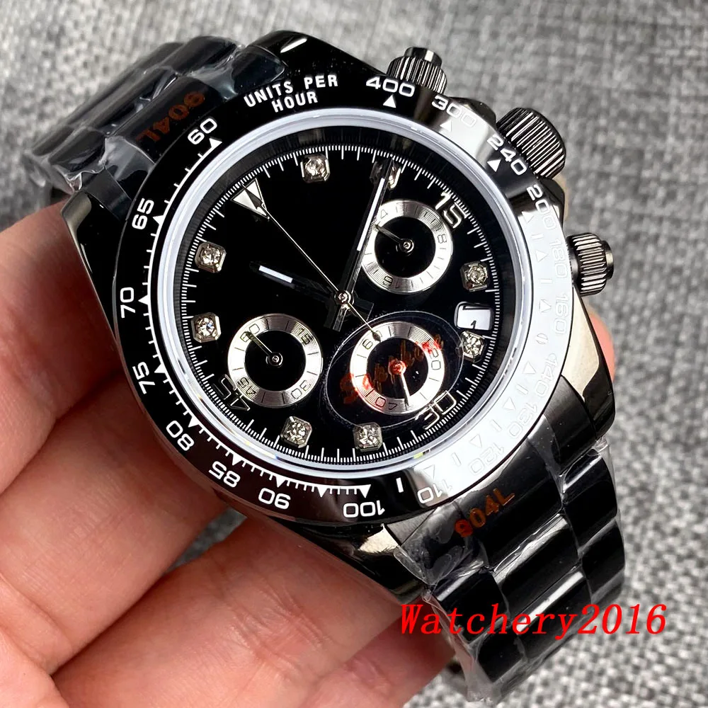 

39mm Grey Black Sterile dial Vk63 Movement Black PVD Case Multi-Function Full Chronograph Quartz Mens Watch Steel Bracelet