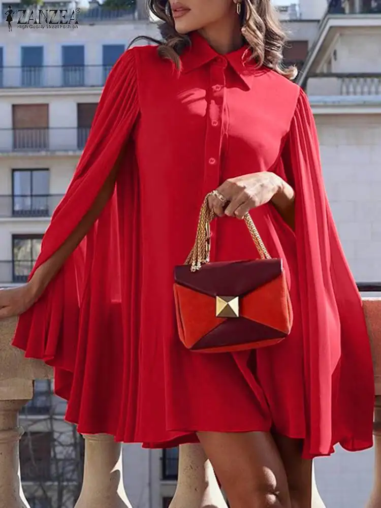 

ZANZEA Lapel Collar Women Mini Vestido Party 2022 Fashion Pleated Streetwear Cloak Dress Button Up Holiday Solid Short Robe