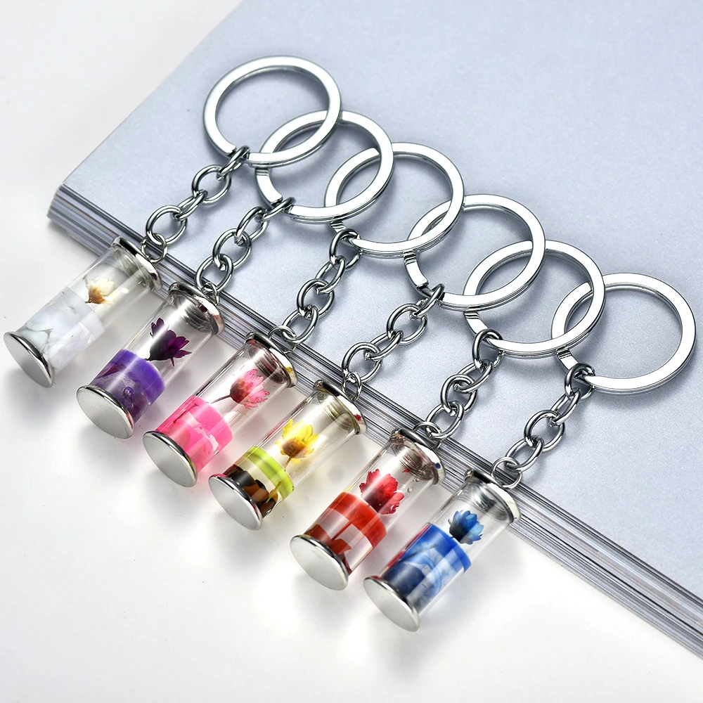

Glass Bottle Enamel Dry Eternal Flower Liquid Keychain Floral Silver Plated Pendant Key Chains For Women Charm Jewelry Gift