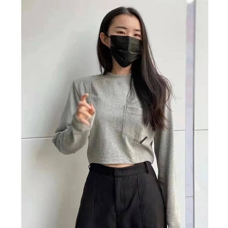 

125166 125167 модная классическая трендовая роскошная дизайнерская Женская Весенняя футболка с длинным рукавом и карманами, топ с круглым вырезо...