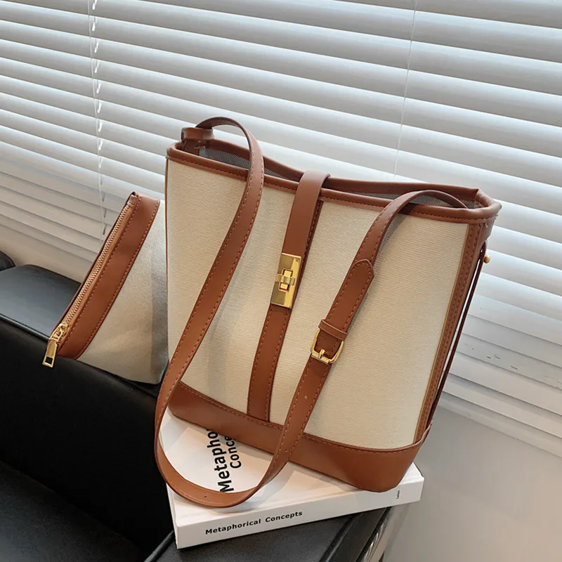 

Burminsa 2 Pcs/Set Canvas Bucket Crossbody Shoulder Bags For Women Brand Designer Large Capacity Work Ladies Handbags New 2022