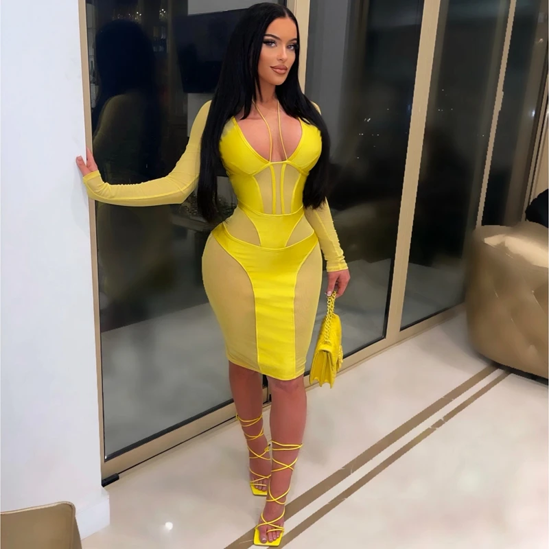 

Sheer Mesh Patchwork Sexy Dress Fashion 5XL Party Club Long Sleeve Bodycon Dresses Women Spring See Throughblack Midi Dress