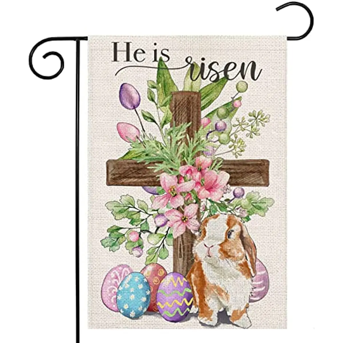 

Easter Cross Garden Flag Outdoor,He is Risen Religious Cross with Bunny Eggs Flowers Yard Flag,Small Spring Decors Outside