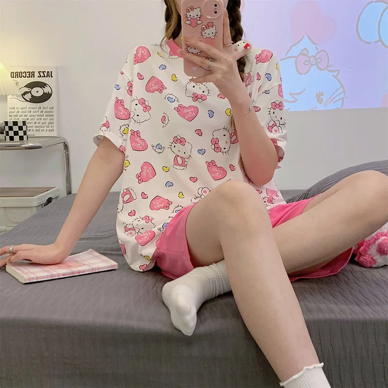 

Kawaii Sanrio Holle Kittys T-Shirt Summer Girls Pajamas Female Thin Slim Short-Sleeved Shorts Casual Cute Student Plush Gift