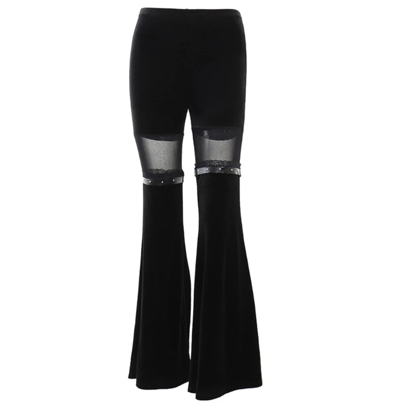 

Черные Сетчатые пикантные расклешенные брюки, уличная одежда, облегающие брюки-клеш с высокой талией, повседневные брюки в стиле пэчворк Ве...