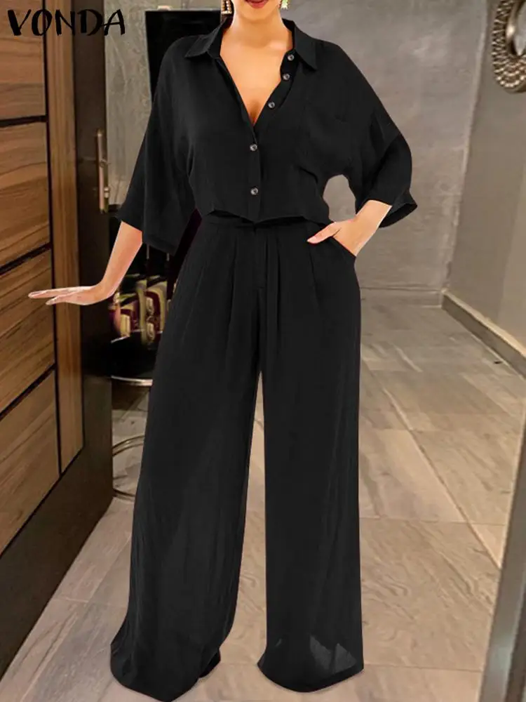 

VONDA Fashion Pant Sets Women 2023 Autumn 3/4 Sleeve Matching Sets Casual Solid Tops and Elastic Waist Wide Leg Pants Loose 2PCS