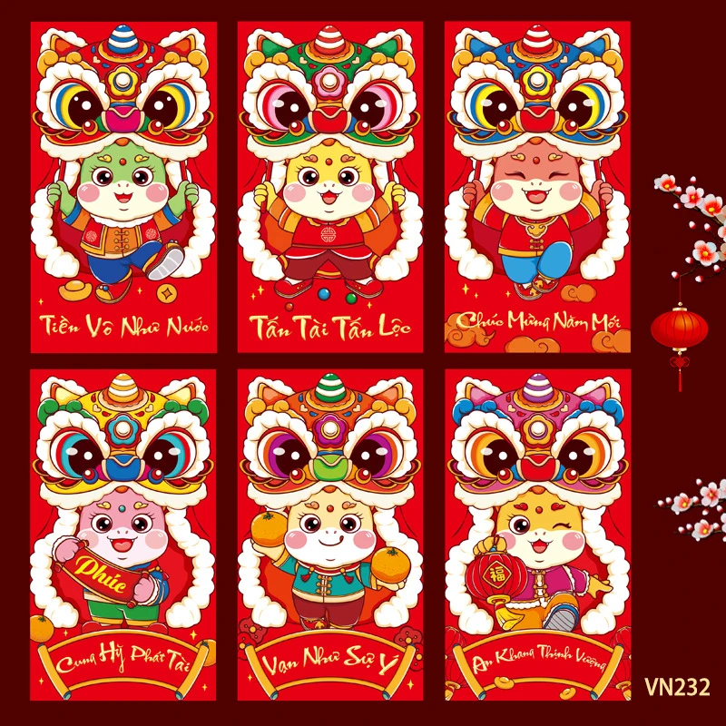 6Pcs Creative Vietnamese Red Envelopes 2025 New Year Pocket Money Packing Bag Hongbao Spring Festival Packets Decoration