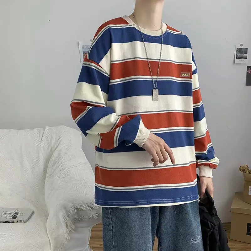 

Japanese Kpop Funny Striped t-shirt Oversized Round Neck Creative Long Sleeves Clothes Harajuku Contrast Color casual Streetwear