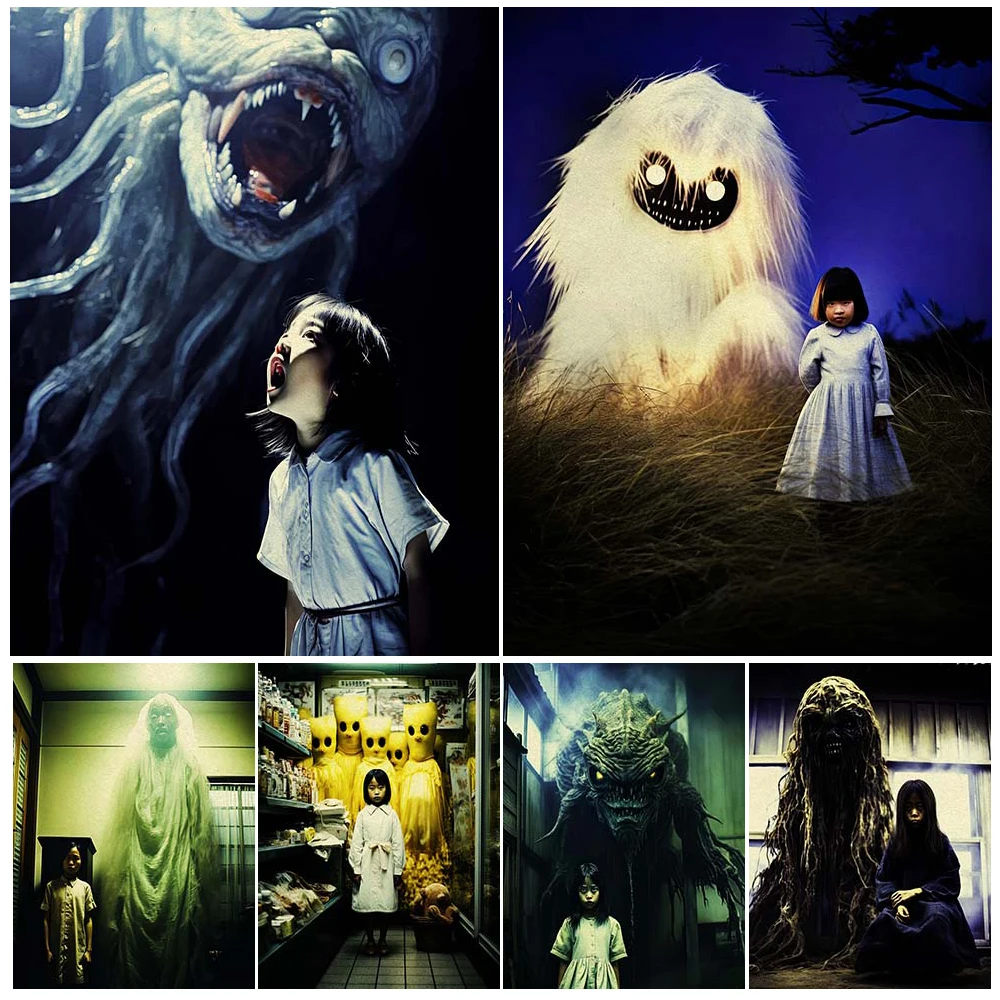 

Little Girl And Cute Ghost Monster Vintage Wall Art Canvas Print Living With Monsters Art Poster And Print Home Decor Unframed