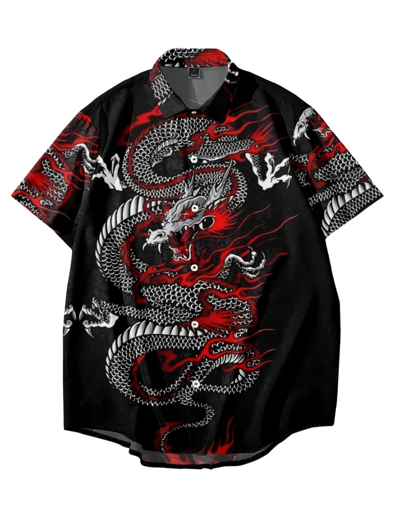 2022 new men's casual tops short-sleeved shirts fashionable breathable Hawaiian tattoo dragon pattern