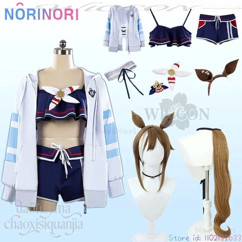 Фото Cheval Grand Косплей Аниме Игра Umamusume: Pretty Derby Летний Костюм Kawaii Bikini Jirai Kei Синее Пальто Для Девочек Пушистый Хвост Ушей №2