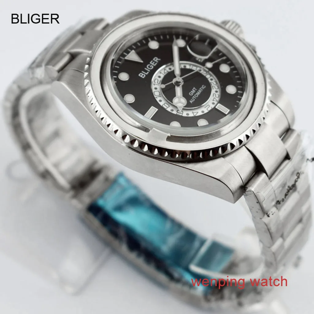 1 шт. E2417 BLIGER 43 мм керамический черный стальной ремешок GMT функциональные часы