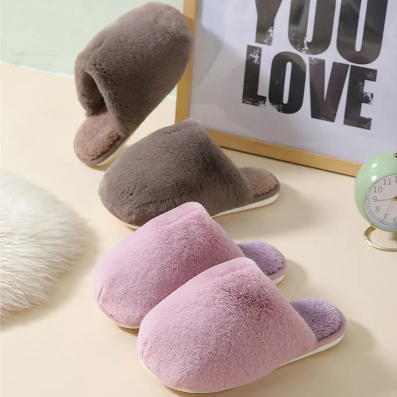 Cotton Slippers Women Winter Home Indoor Solid Color Warm Plush Slippers Comfortable Soft Non-slip Thick Bottom Couple Slippers