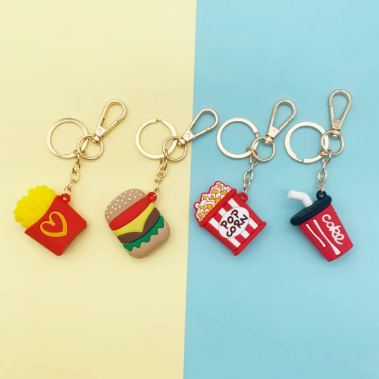 

Simulation PVC Cola Fries Keychain Creative Mini Burger Popcorn Keyring Man Car Keychains Woman Bag Pendant Gifts for Kids