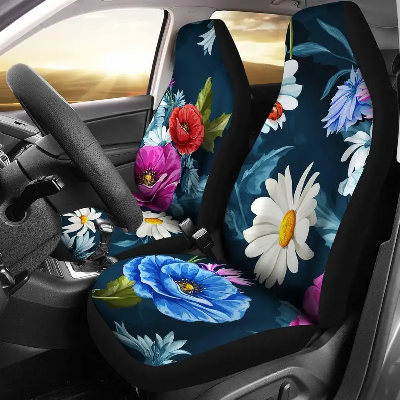 

Colorful Floral Flowers Navy Blue Car Seat Covers Pair, 2 Front Car Seat Covers, Seat Cover for Car, Car Seat Protector, Car Acc