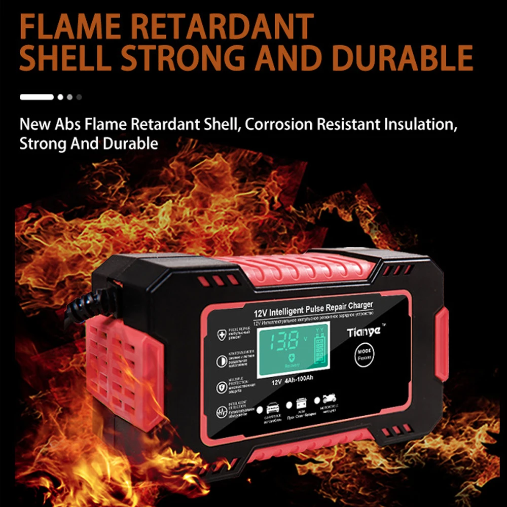 Интеллектуальное зарядное устройство для автомобильных и мотоциклетных аккумуляторных батарей 12V 6A для автомобильных свинцово-кислотных, AGM, гель-аккумуляторов VRLA с умной зарядкой, цифровым ЖК-дисплеем и аксессуарами.