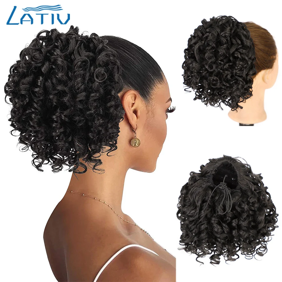 

Lativ Afro Kinky Curly Synthetic Ponytail Wig Brown Drawstring Ponytail Extensions Wigs for Black Women Daily Use Wig