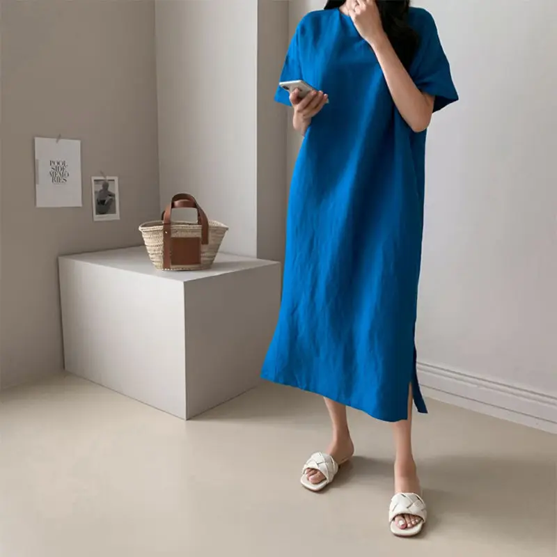 Женское хлопковое прямое платье средней длины, однотонное свободное ...