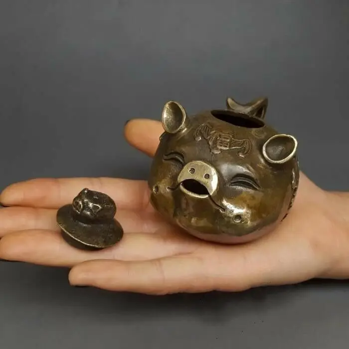 Китайский античный бронзовый чайник со знаками Зодиака свинья летучая мышь