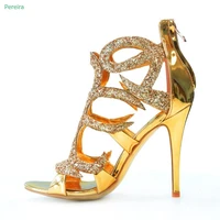 gold rhinestone buckle sandals womens solid round toe stiletto hollow high heeled summer new arrival confortable sexy shoes