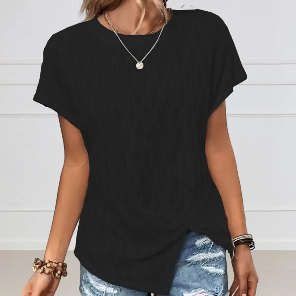 

Women Summer T-shirt Solid Color Round Neck Lady Shirt Batwing Sleeves Split Hem Casual Top