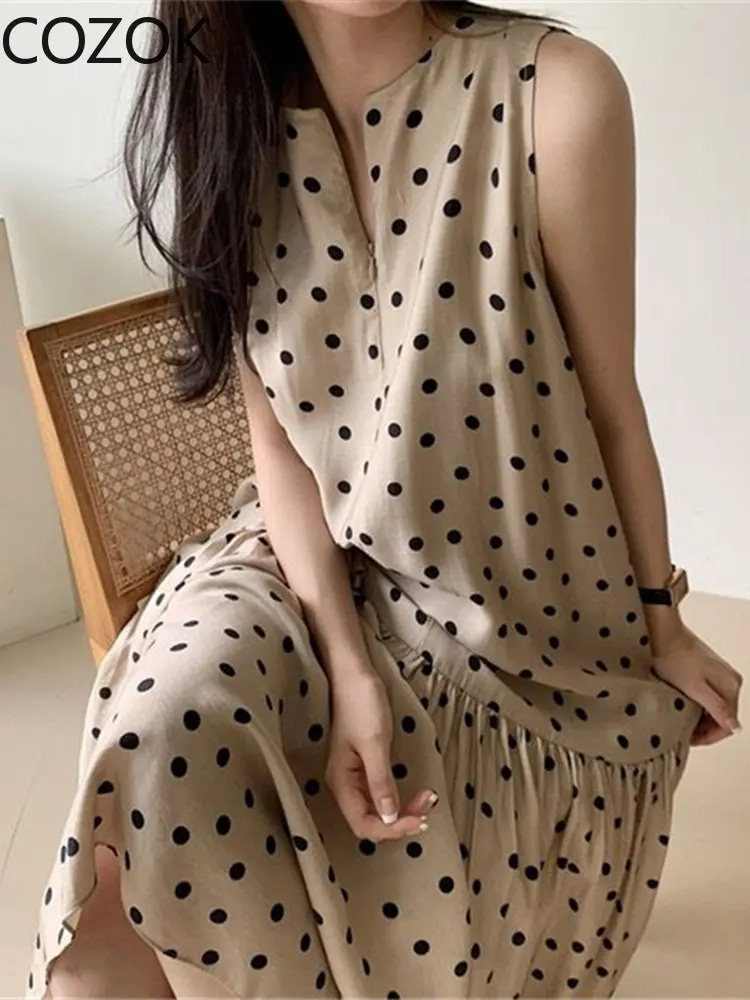 New 2023 Sleeveless Oversized Polka Dot Korean Fashion Elegant Vintage Chic Lady Women's Summer Long Dresses