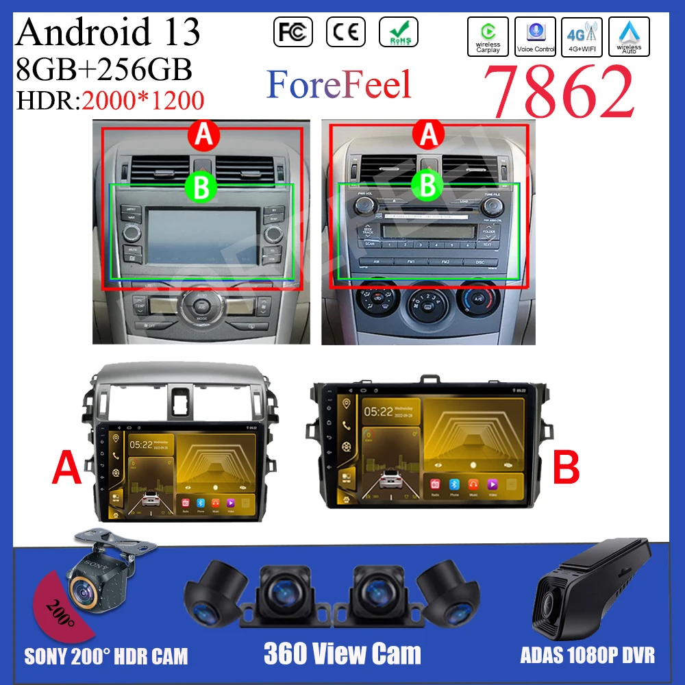 

Android For Toyota Corolla E140 E150 2006 - 2013 Car Radio Stereo Multimedia Wireless Carplay Navigation Video Player DSP 4G