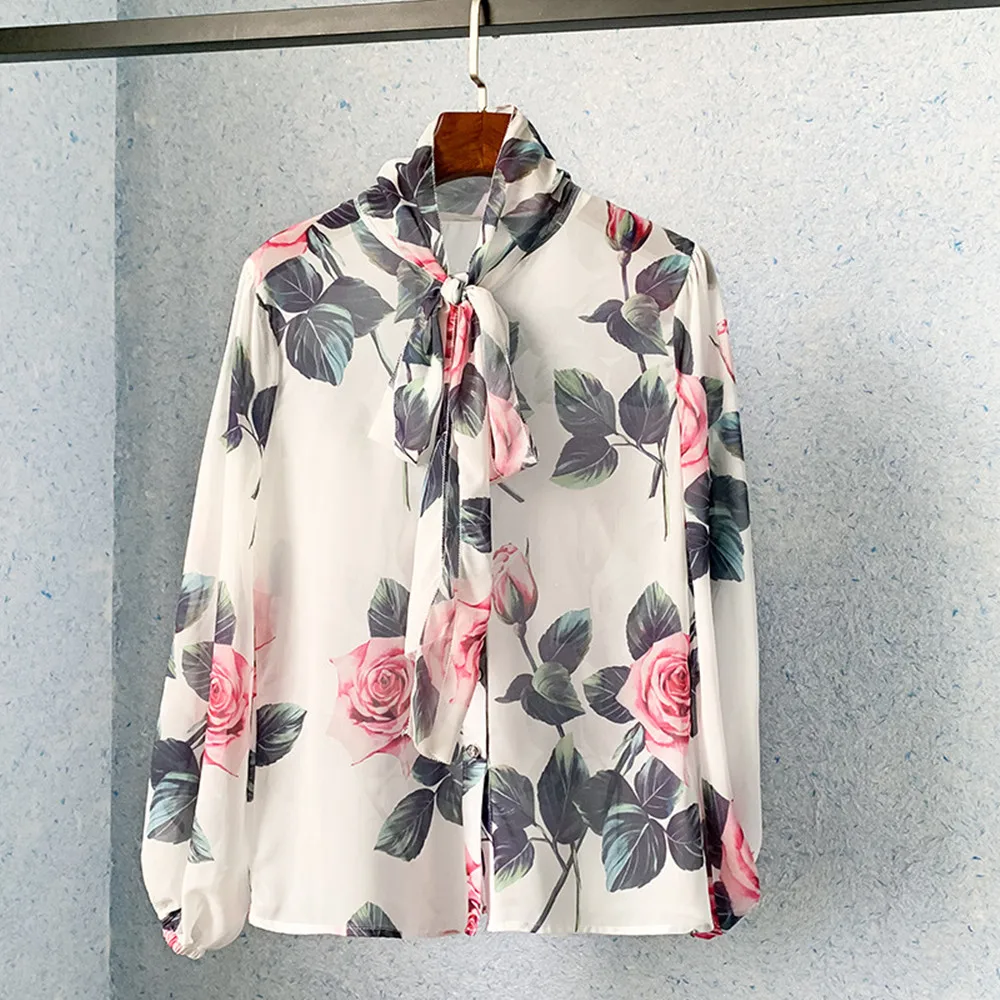 Женские шифоновые рубашки с цветочным принтом и бантом весна 2022