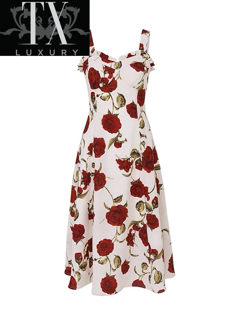 

2022 Summer New Women Floral Printing Loog Dresses French Sexy Fashion Vintage Sleeveless Women's Loose Sling Dress Girls Party