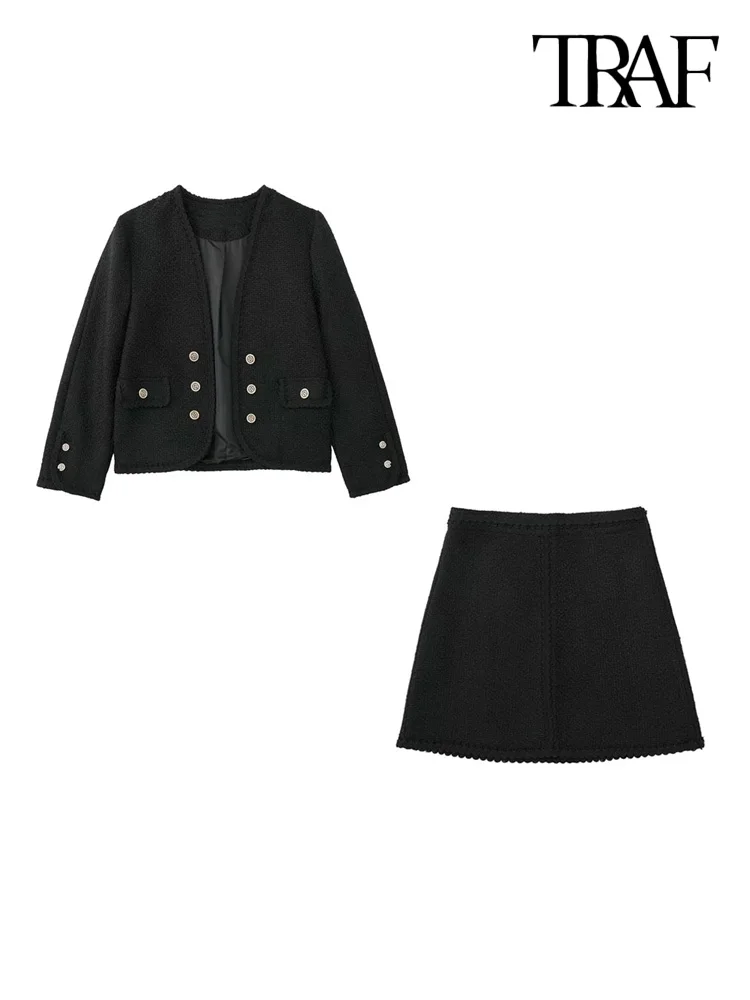 

Женский твидовый комплект из двух предметов, пиджак на пуговицах и мини-юбка с высокой талией и боковой молнией