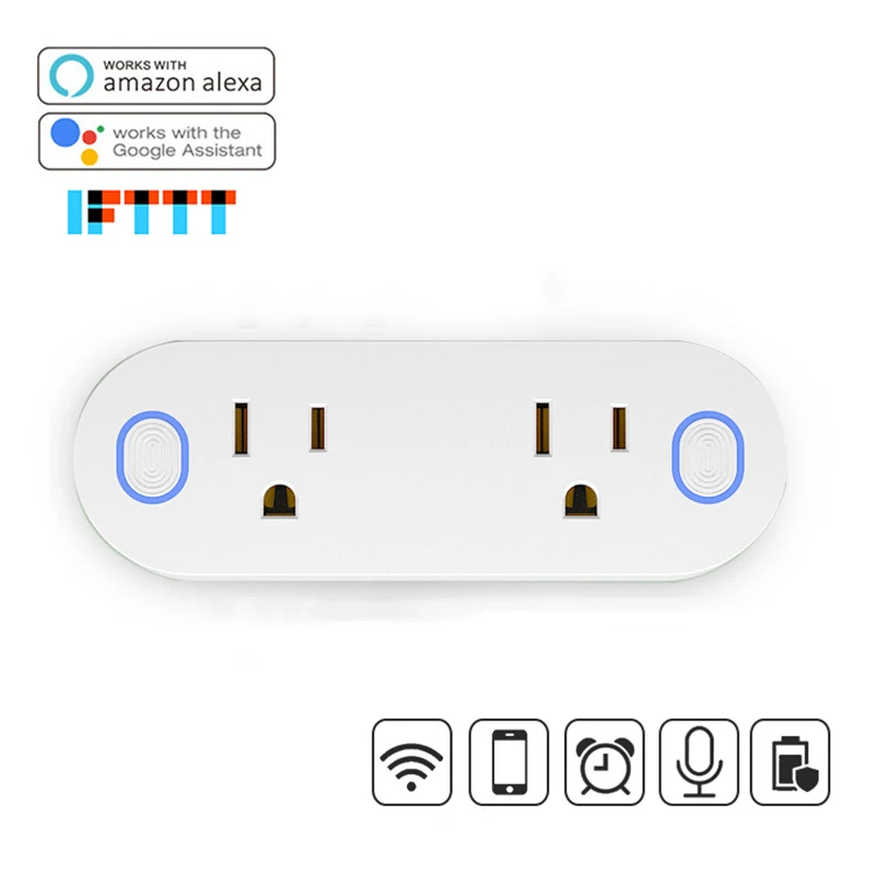 

15A 2pcs Tuya WiFi Smart Socket US Plug Double Outlet Extender with Dusk-to-Dawn Sensor Night Light Works with Alexa Google Home