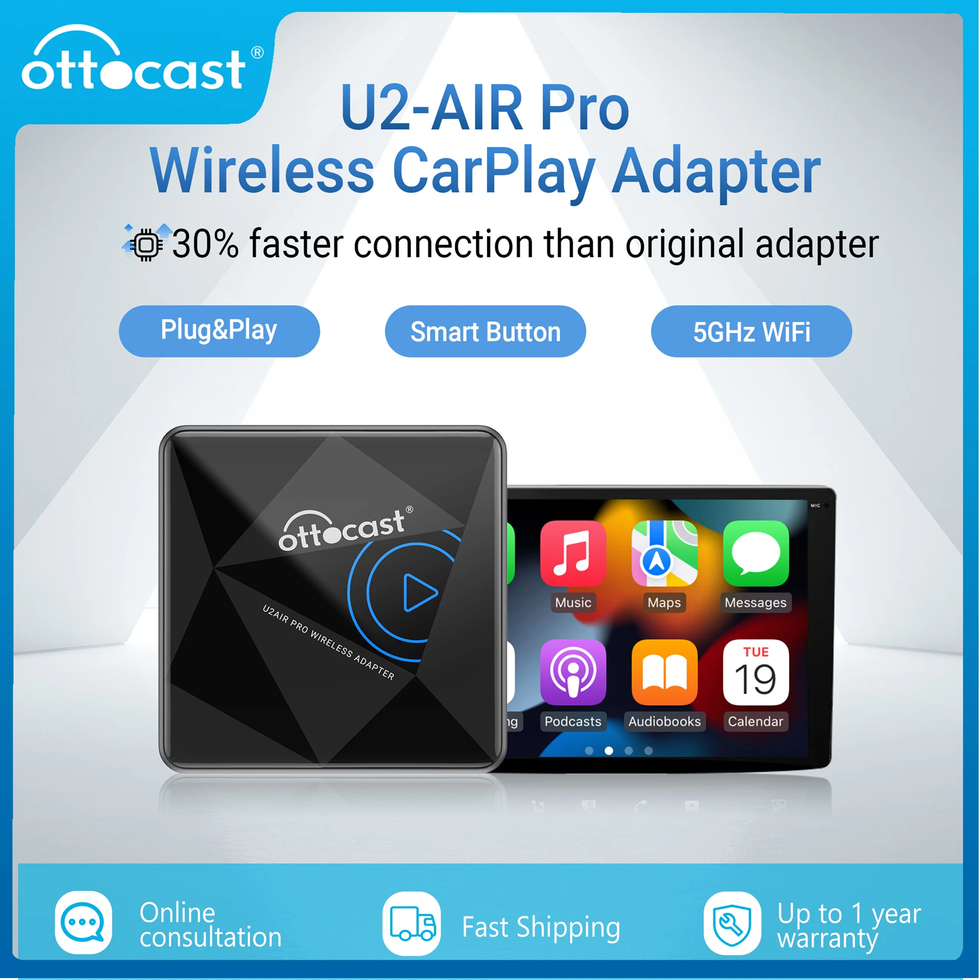 

OTTOCAST Wired To Wireless CarPlay Adapter U2 Air PRO CarPlay Mini Box Bluetooth Connect for Hyundai Ioniq Skoda VW Nissan