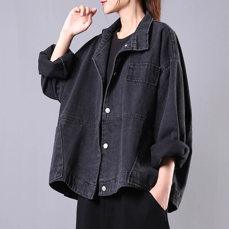 

Women Clothes Spring Autumn Loose Literary Vintage Stand Collar Tooling Denim Jacket Long-Sleeve Short Jeans Coat Female G2064