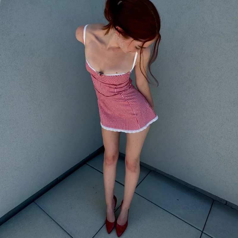 Y2K клетчатое мини-платье на тонких бретельках милое вечернее платье для девочек