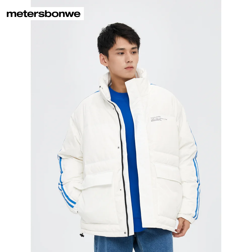 Metersbonwe Men's 22New Winter Stripe Down Jackets Sport Style 80%Duck Down Thick Fashion Warm Wear Stand Collar Loose Outwear