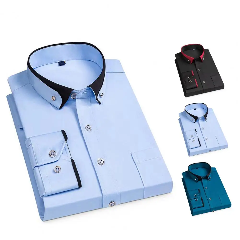 

Мужская рубашка в деловом стиле, официальная однобортная деловая рубашка контрастных цветов с длинными рукавами и отложным воротником, мужской офисный Топ средней длины с карманами