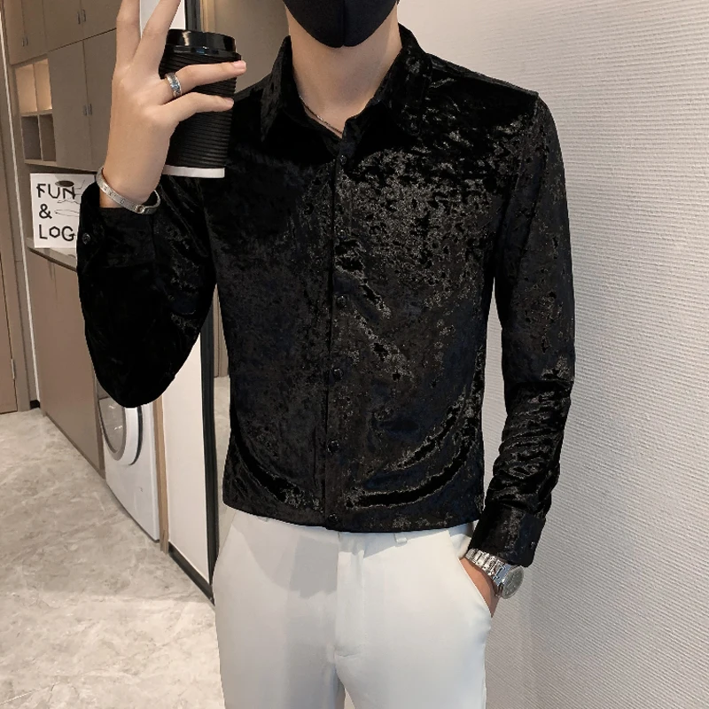 

Vintage Clothes Fashion Slim Turn Down Collar Long Sleeve Shirt Men SpringNew Quality Velour Smooth Comfortable Camisa Masculina
