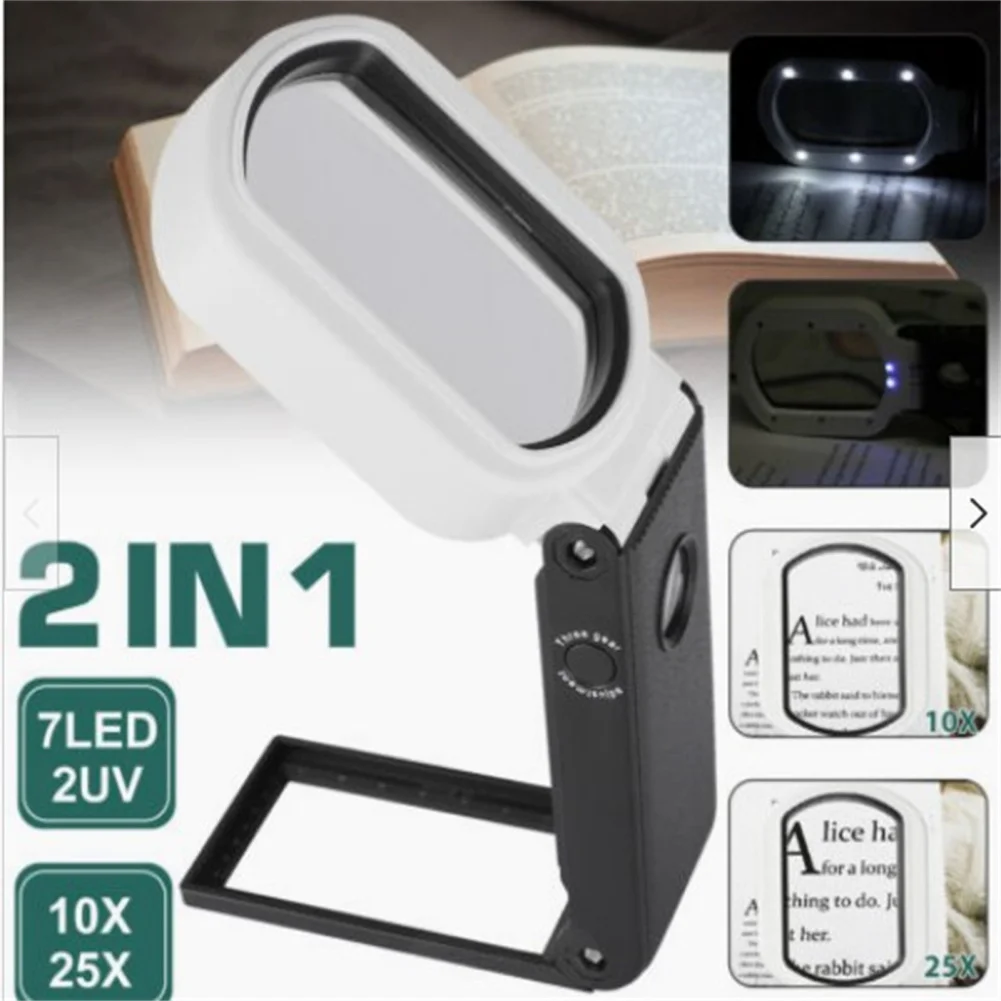 

25X 10X Magnifying Glass With LED Light UV Lights Foldable Handheld Magnifier With Stand For Seniors Reading Close Work