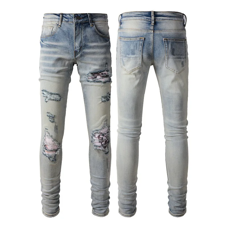 

Синие качественные уличные джинсы, мужская мода, потертые повседневные байкерские обтягивающие джинсовые брюки-карандаш, эластичная потертая бандана, джинсы с ребрами