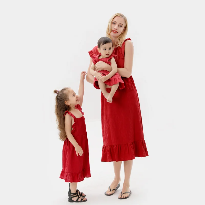 

2022 Cotton Linen Mother Kids Summer Dress Casual V-neck Button Short Sleeve A-line Midi Dresses for Family Matching Clothes