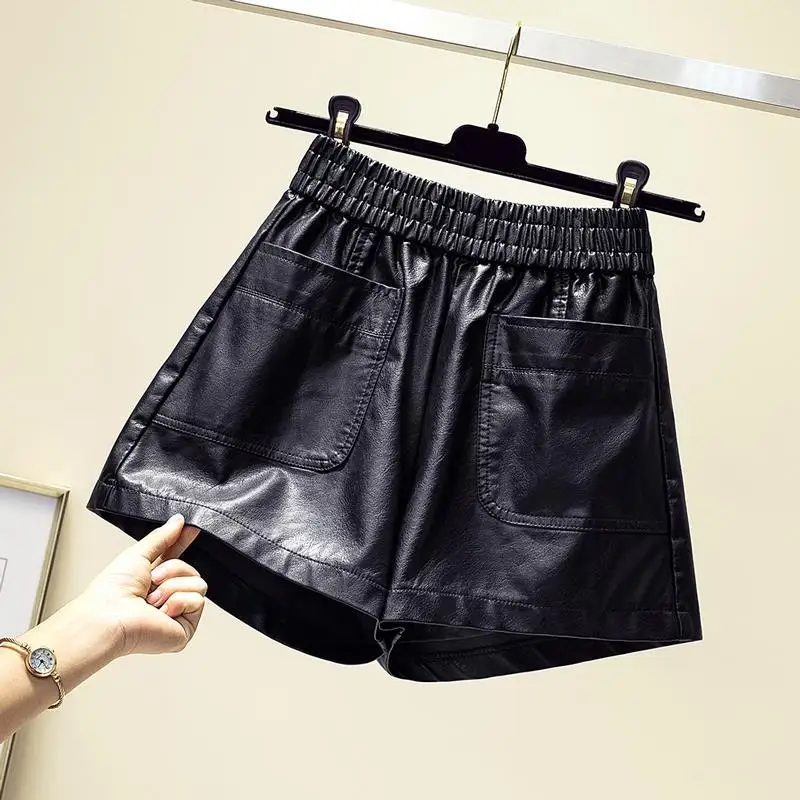 

Women's PU Shorts for Autumn Elastic High Waist Pockets Leather Short Pant Elegant Fashion Solid Color Slim Loose Mini Shorts