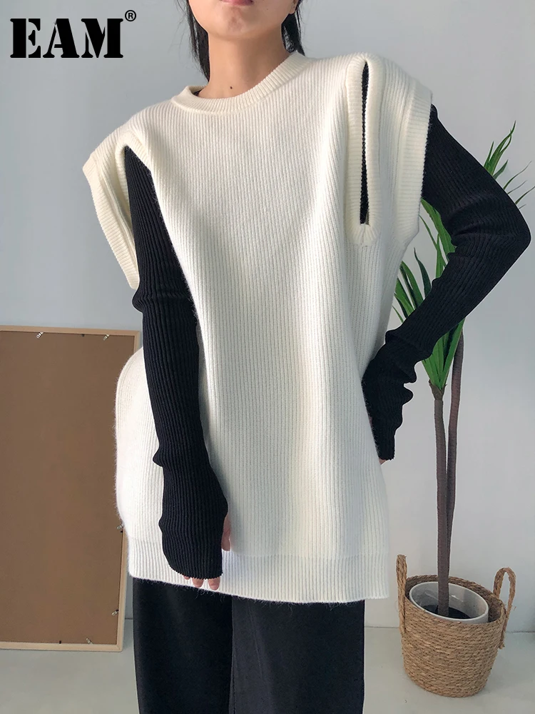 

[EAM] Women Loose Fit Beige Hollow Out Knitting Big Size Vest New Round Neck Sleeveless Fashion Tide Spring Autumn 2023 1DF0343