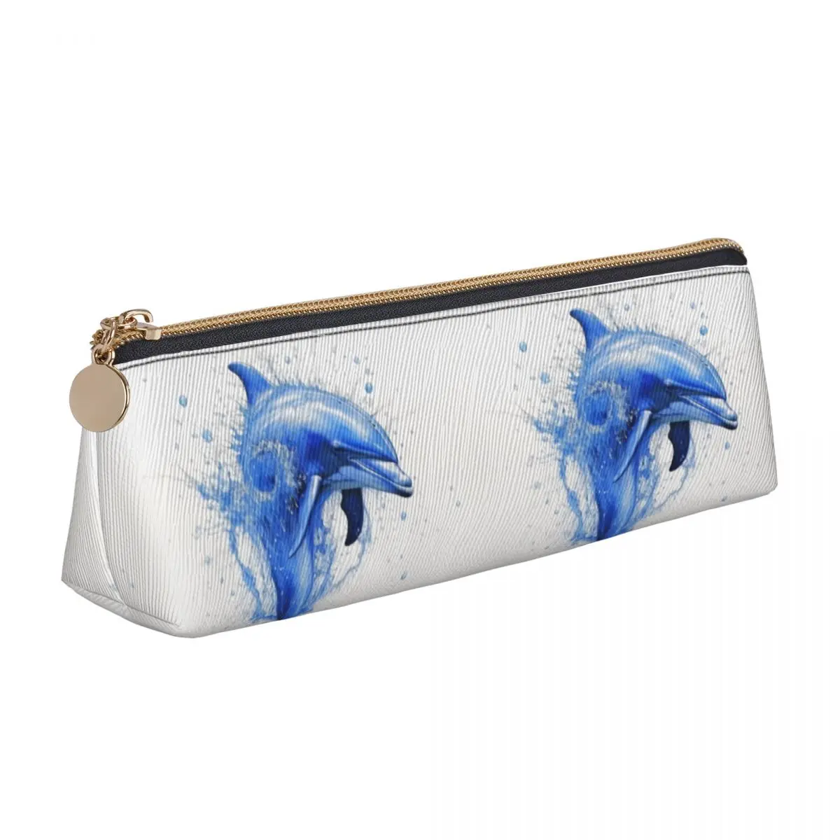 

Dolphin Leather Pencil Case Detailed Ink Drawing Elementary School Teens Zipper Pencil Box Cool Large Triangle Pen Pouch