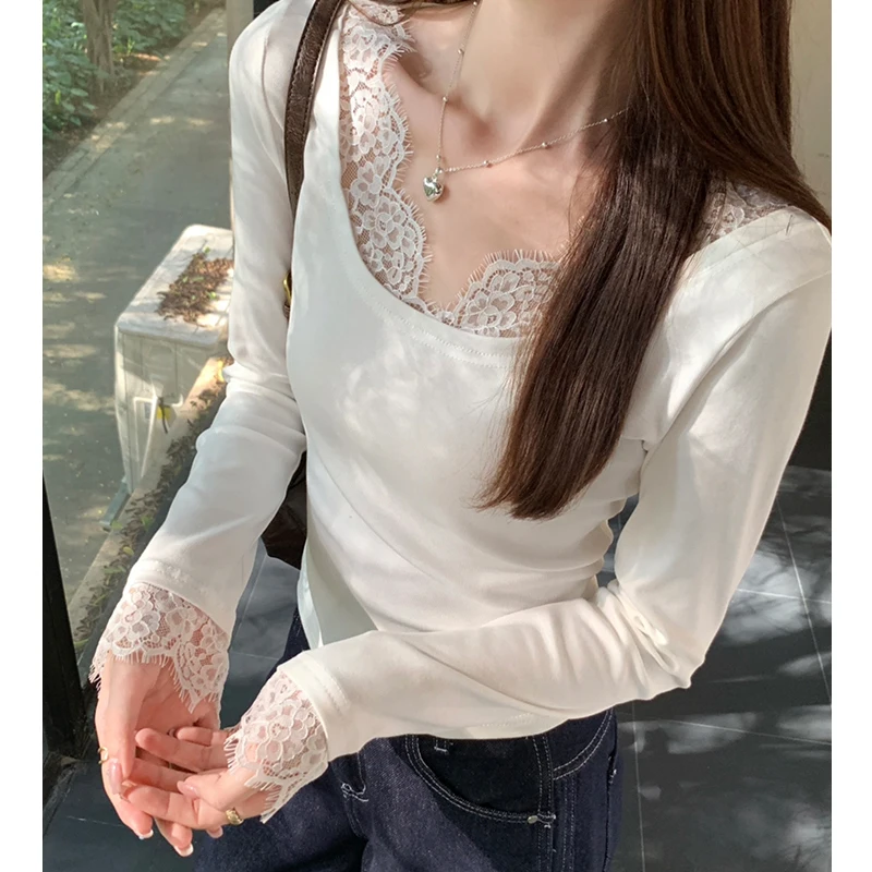 Женская сексуальная кружевная базовая рубашка с v-образным вырезом женские новые